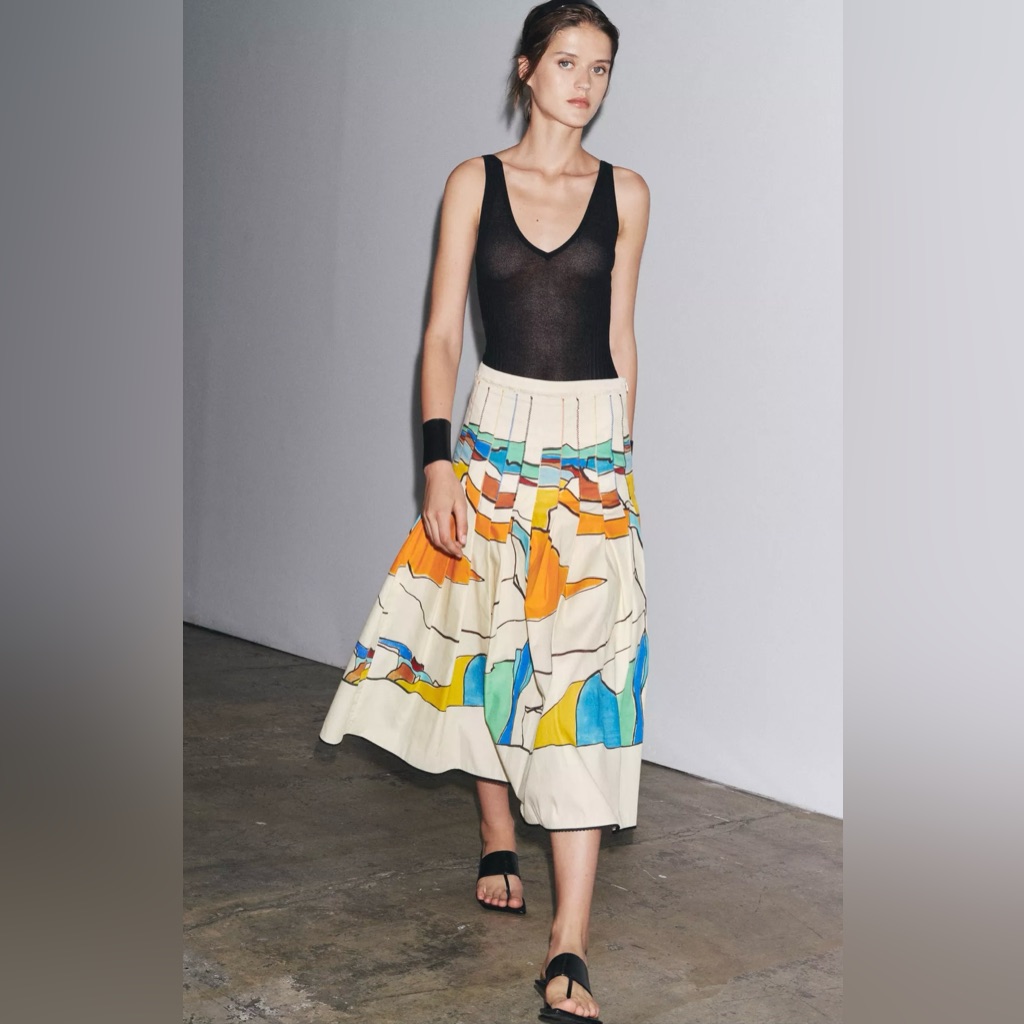Zara Zw Collection Printed Midi Pleated Skirt